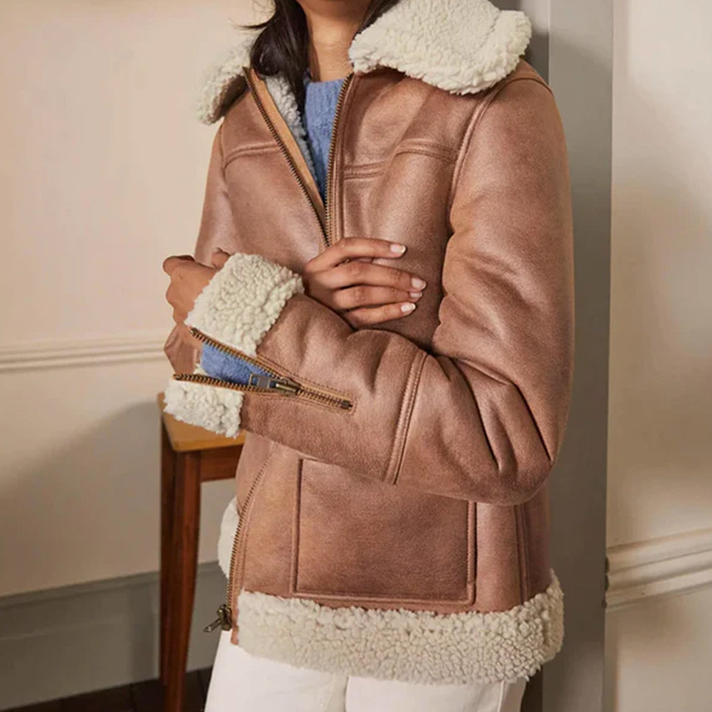 Women Brown Lambskin Aviator Leather Bomber Jacket