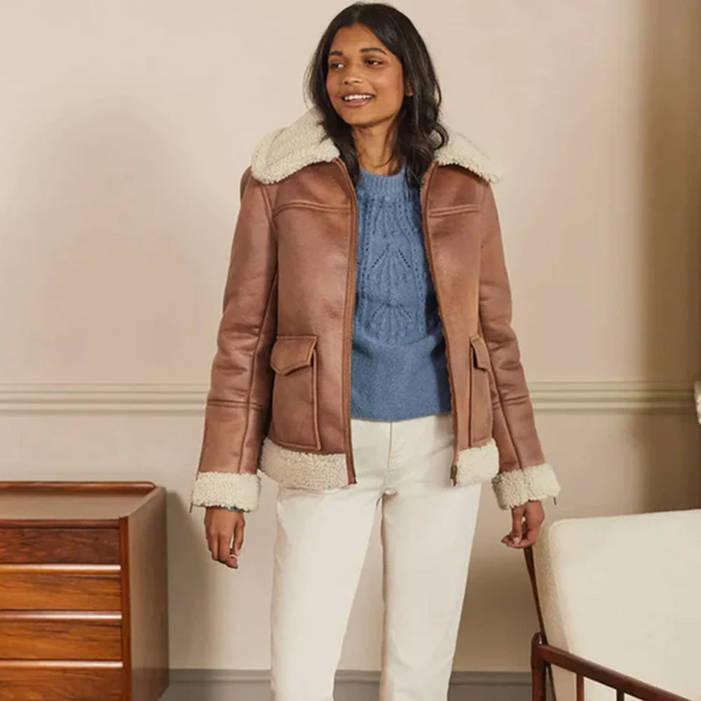 Women Brown Lambskin Aviator Leather Bomber Jacket
