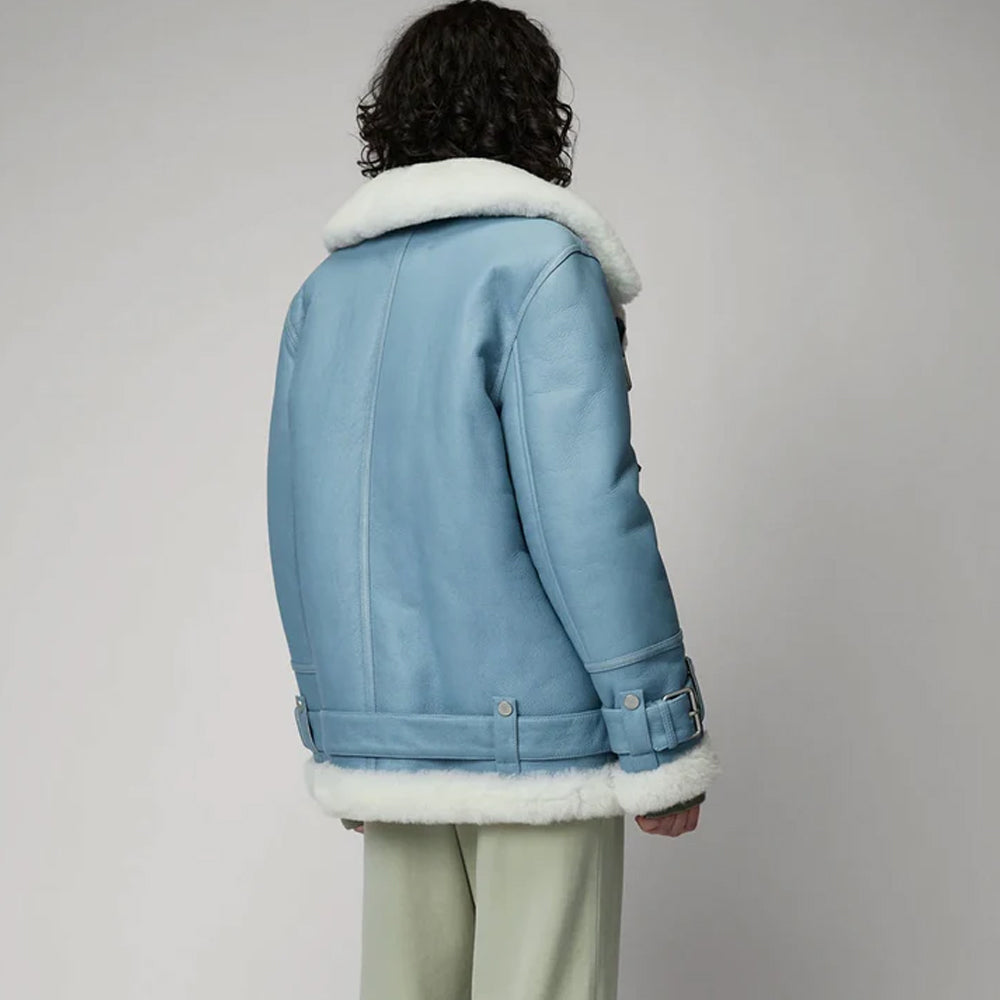 Women Light Blue Styled Sheepskin Shearling Leather Jacket