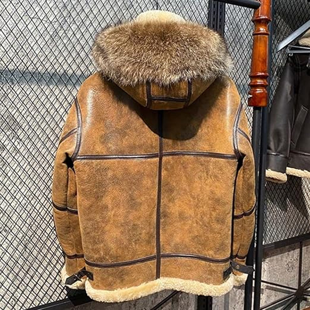 Women's Brown Detachable Hood Real Fur Leather Jacket