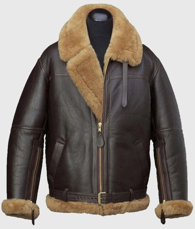 Aqua Men's B-3 Shearling Brown Leather Aviator Jacket