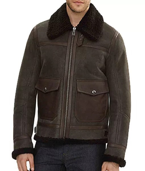 Batisto Men’s Vintage Brown Shearling Aviator Leather Bomber Jacket