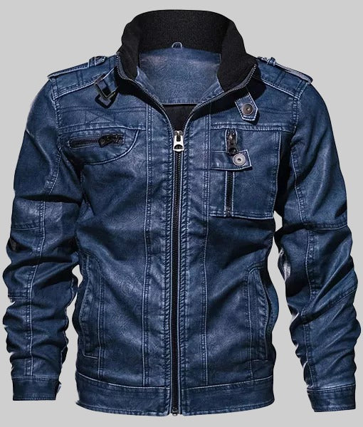 Butler Men’s Classic Blue Real Leather Biker Jacket