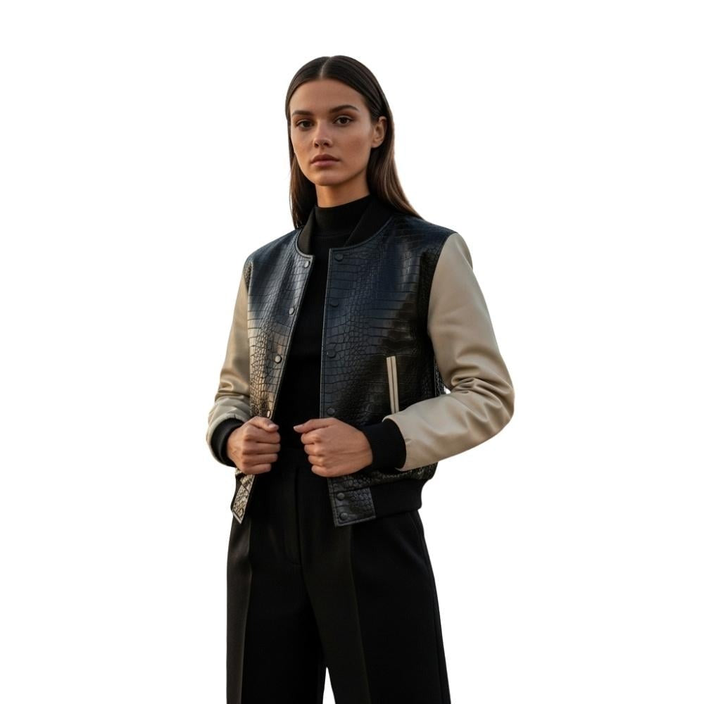 Crocodile Embossed Leather Varsity Jacket β Handmade Street Style Bomber