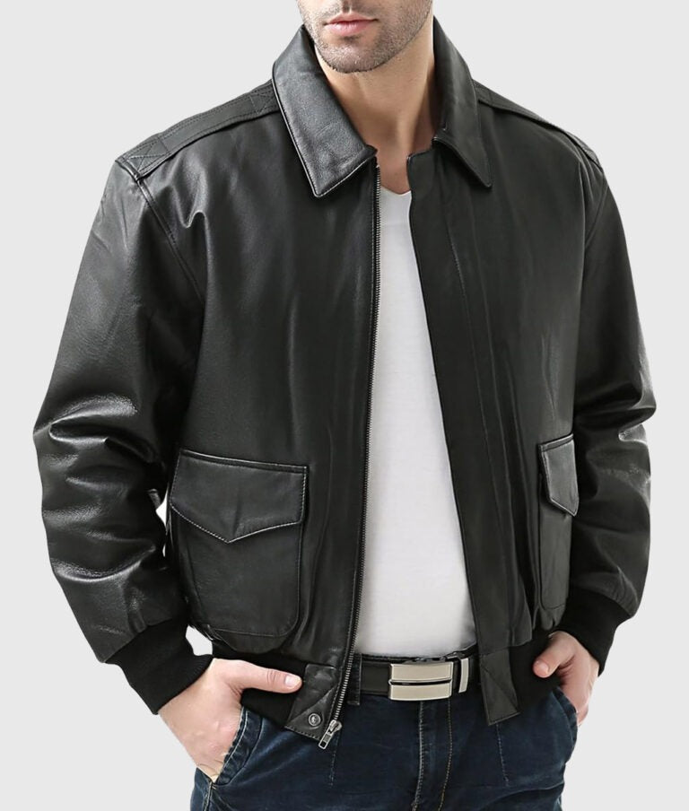 Men’s Black A-2 Flight Aviator Leather Bomber Jacket