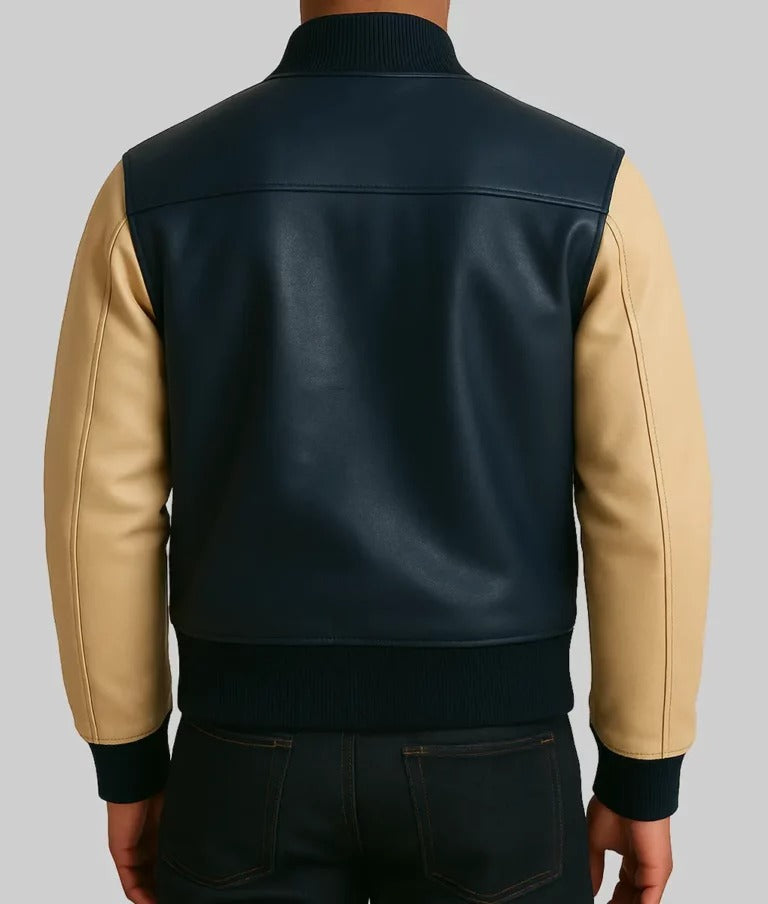 Flynn Chandler Men’s Blue and Beige Colorblock Leather Bomber Jacket