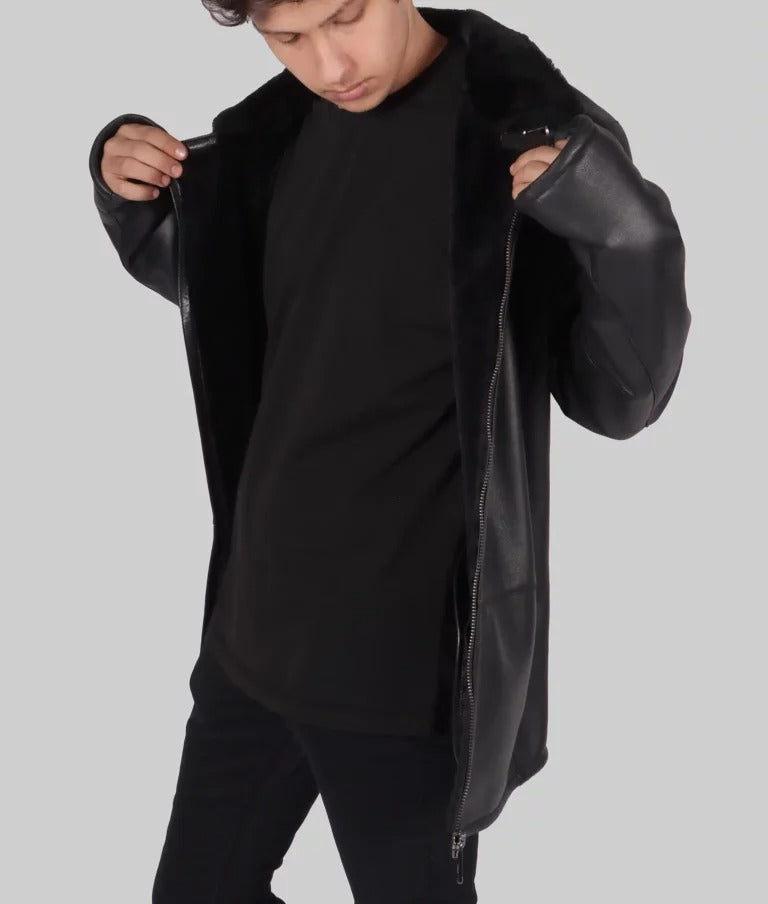 Frig Men's Black Aviator Bomber Leather Jacket