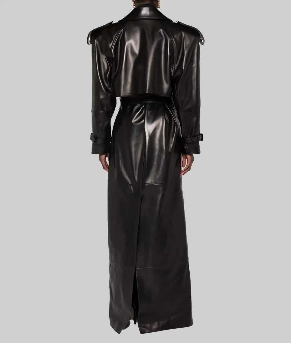 Gigi Hadid Inspired Met Gala Black Long Leather Coat for Women