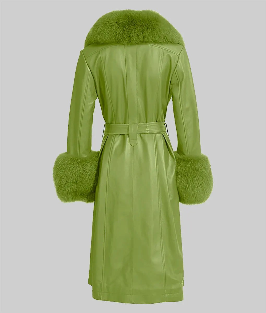 Women’s Green Leather Look Belted Coat with Faux Fur Trim