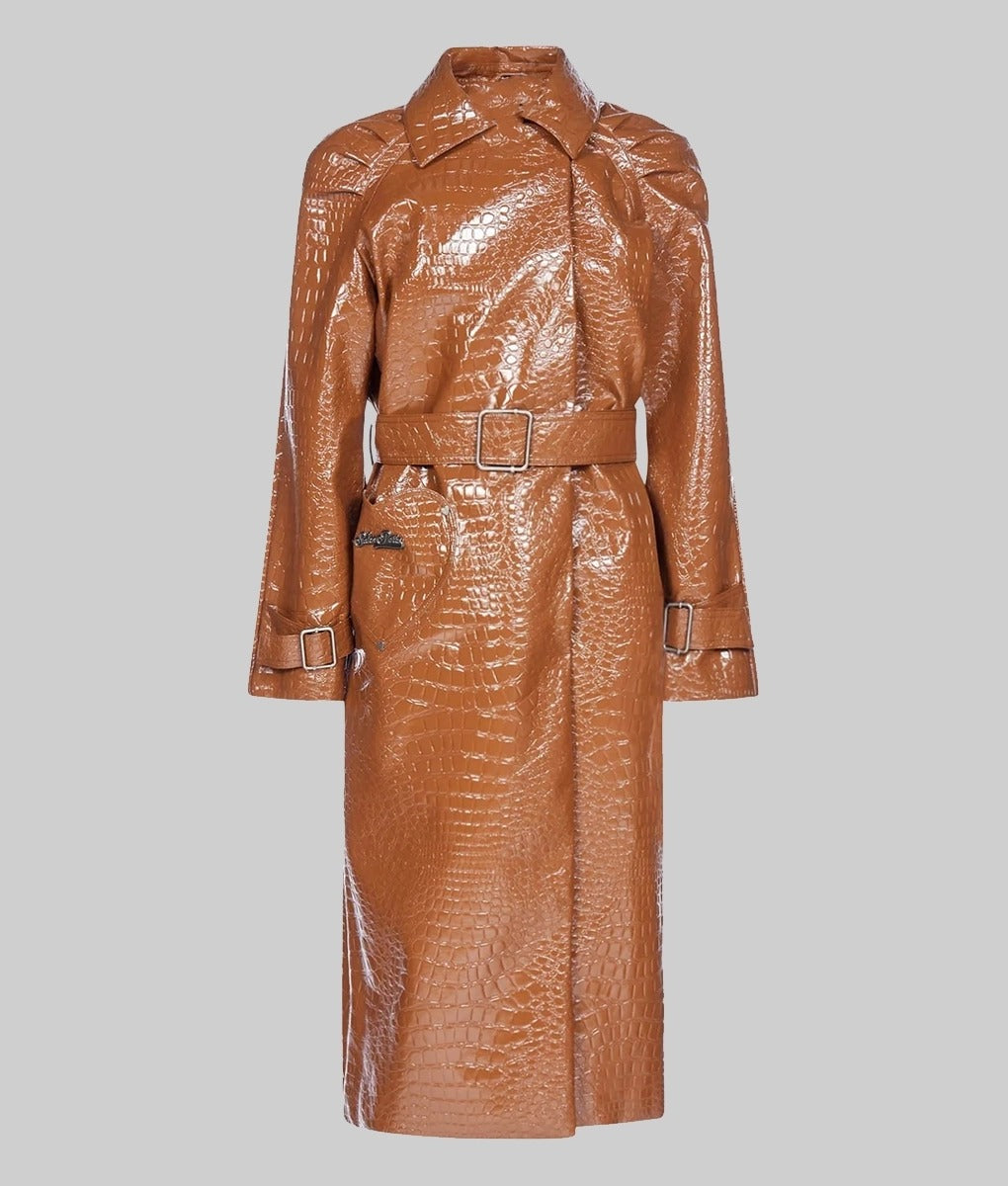 Hailey Bieber Inspired Women’s Brown Leather Trench Coat