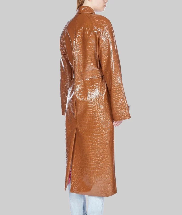 Hailey Bieber Inspired Women’s Brown Leather Trench Coat