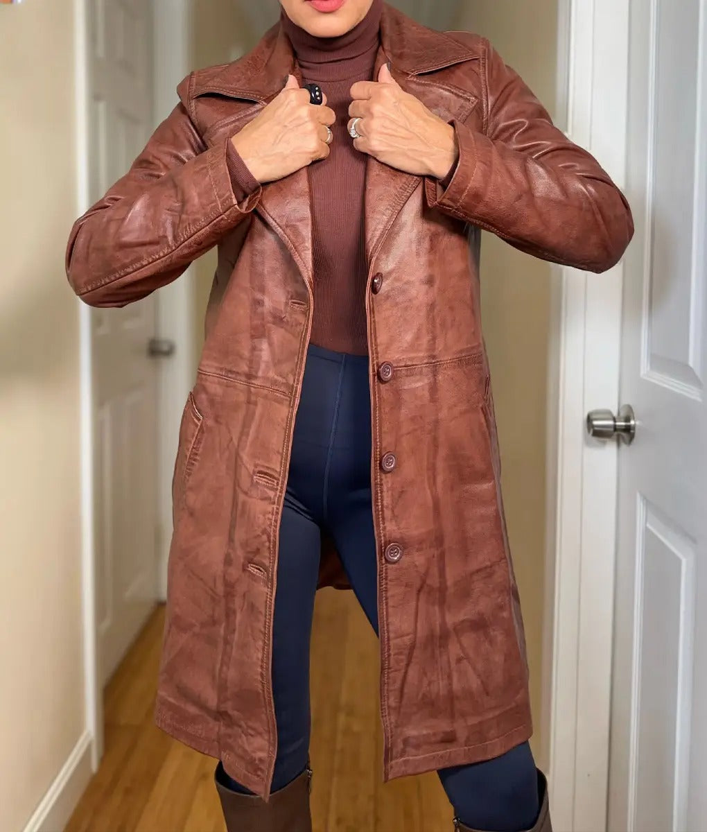 Jenna Women’s Minimalist Brown Genuine Leather Trench Coat