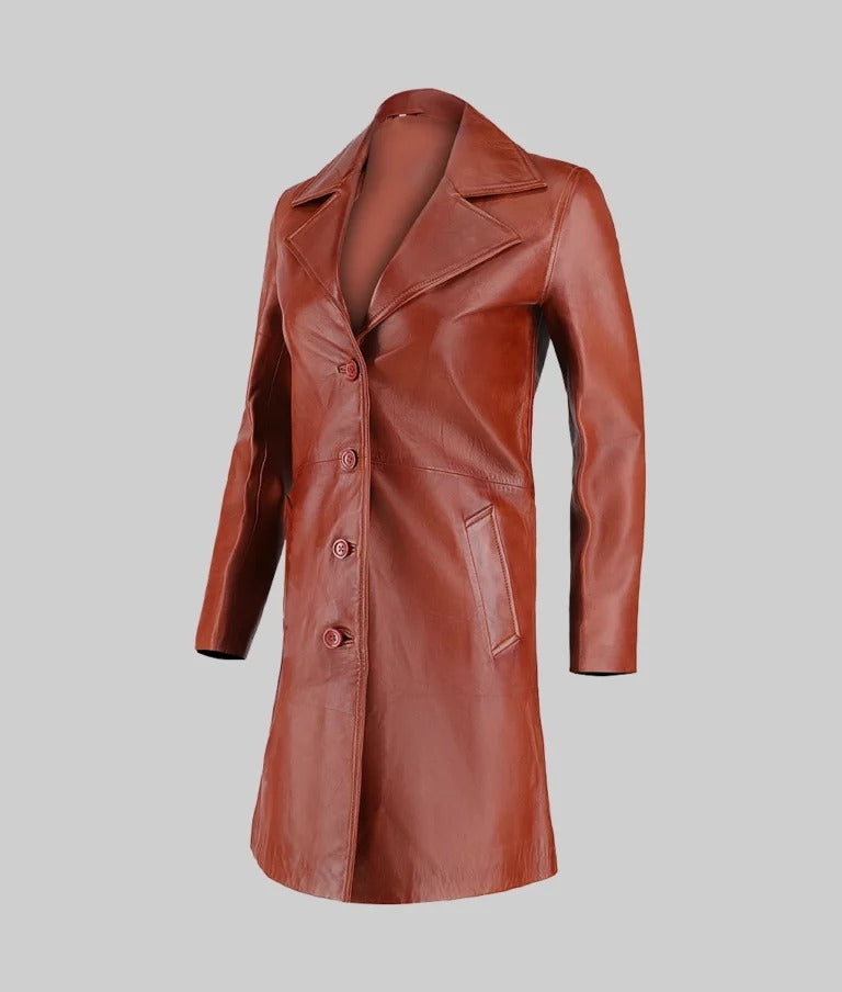Jenna Women’s Minimalist Brown Genuine Leather Trench Coat