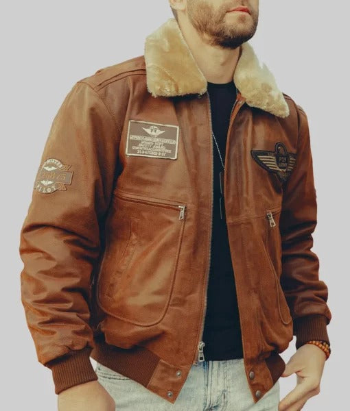 Major Men’s Brown Military Shearling Leather Bomber Jacket