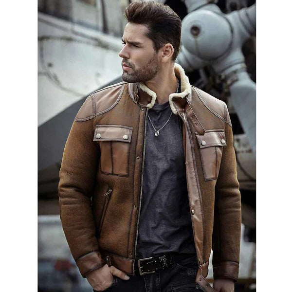 Men’s RAF B3 Flight Bomber Shearling Sheepskin Retro Aviator Leather Jacket