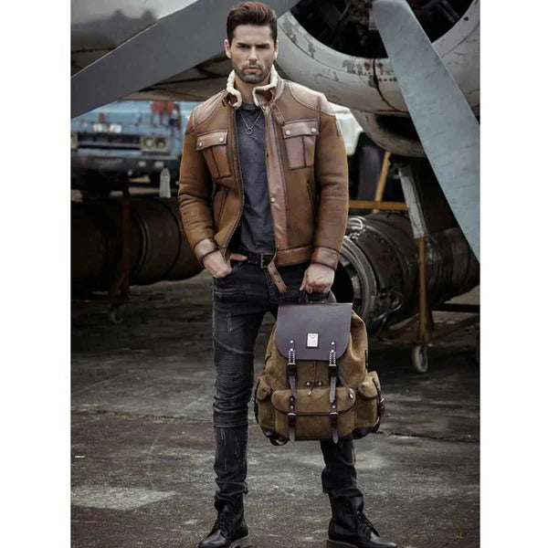 Men’s RAF B3 Flight Bomber Shearling Sheepskin Retro Aviator Leather Jacket