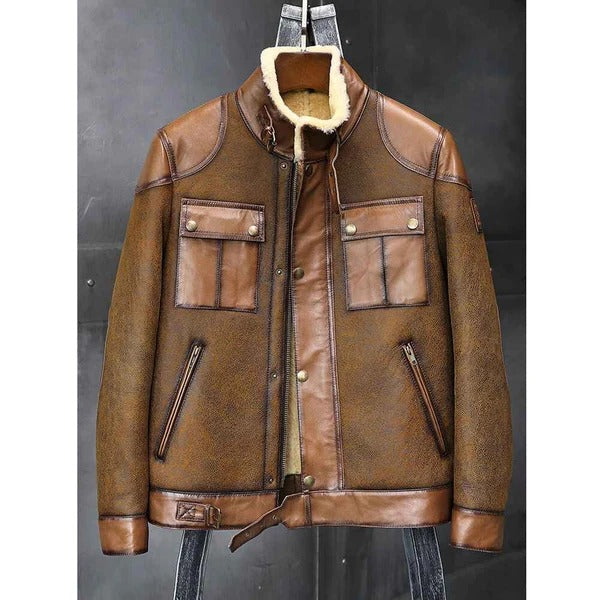Men’s RAF B3 Flight Bomber Shearling Sheepskin Retro Aviator Leather Jacket