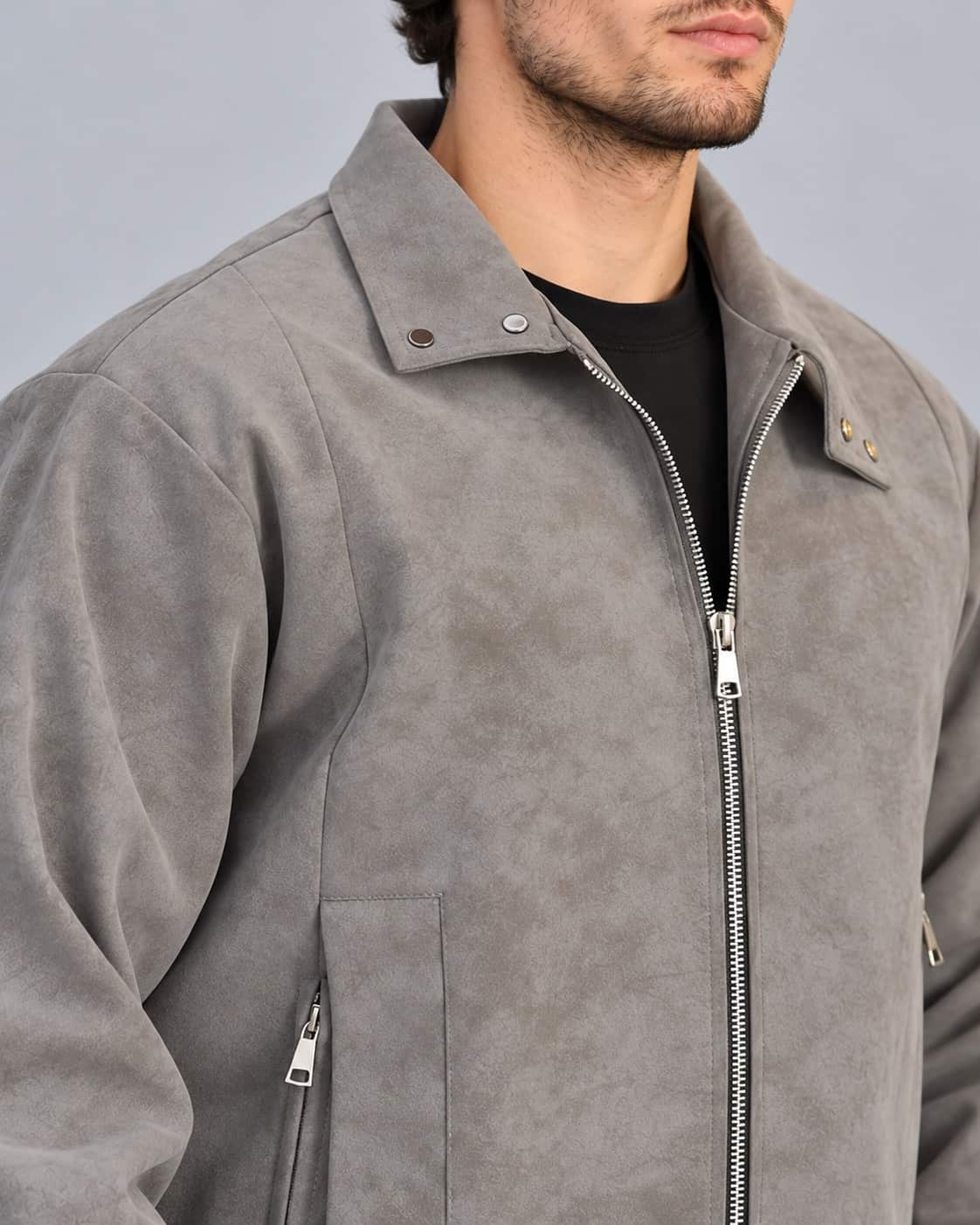 Clouse up view of Men Grey Suede Leather Bomber Jacket