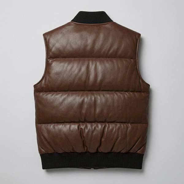 Men's Brown Genuine Leather Puffer Vest with Lightweight Insulation