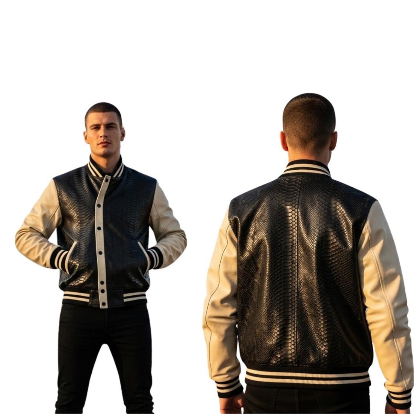 Men’s Black Crocodile Embossed Leather Varsity Jacket – Handmade Streetwear Style
