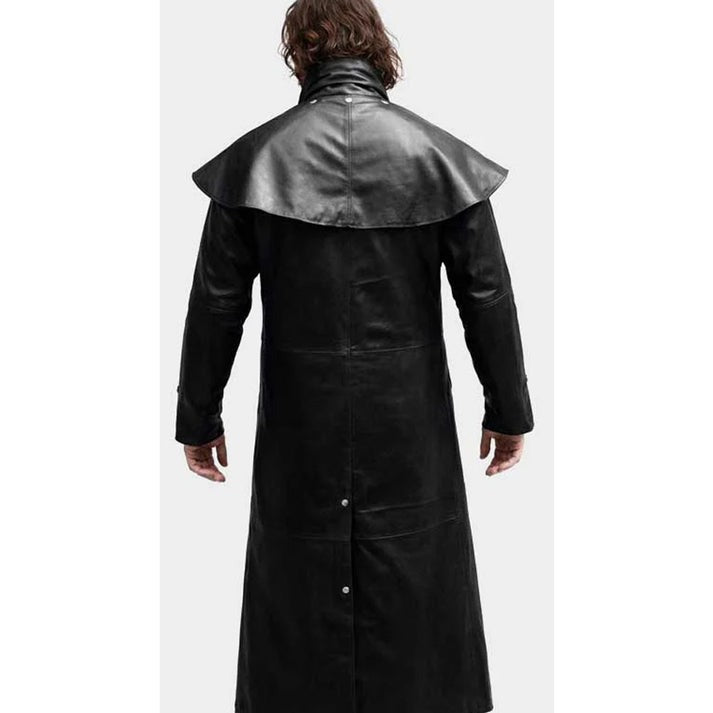 Men's Black Genuine Leather Trench Coat with Hood in Steampunk Gothic Style