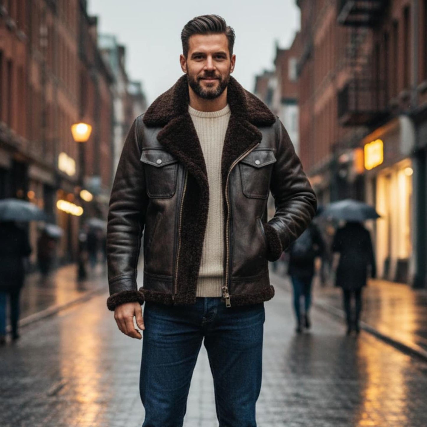 Men’s Black Leather Bomber Jacket – Handmade Fur Collar Design