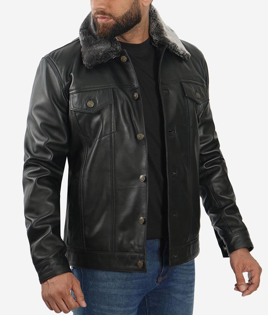 Men’s Black Shearling Lined Leather Trucker Jacket