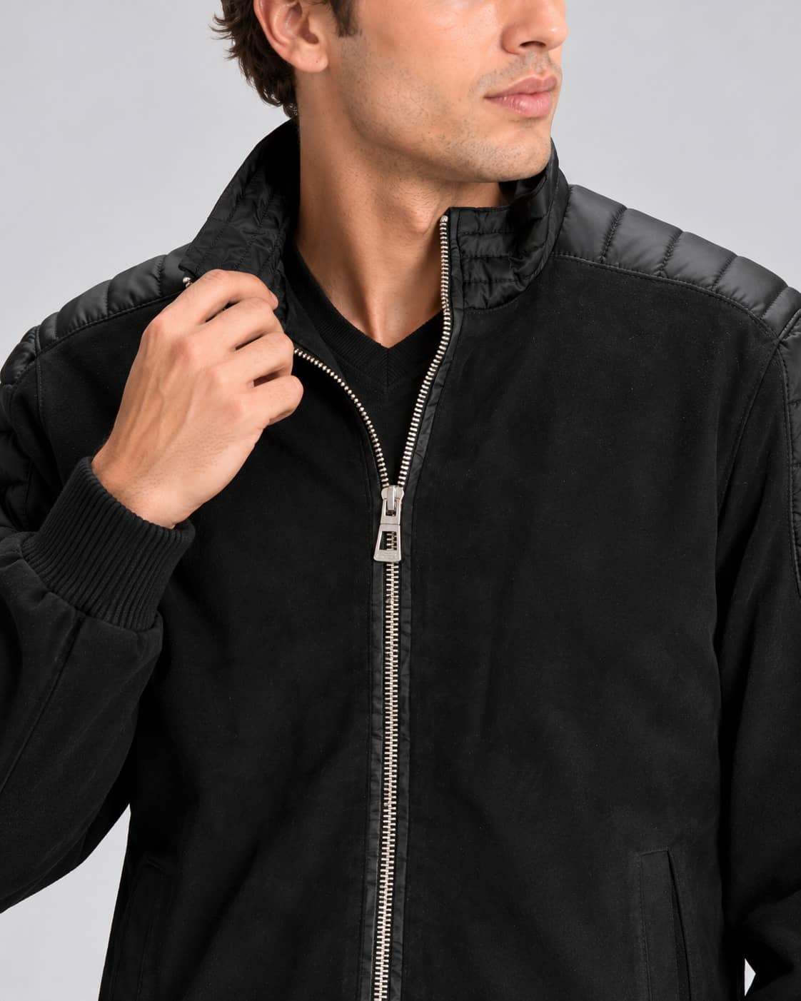 Close-up view of Men's Black Suede Leather Zip Up Jacket