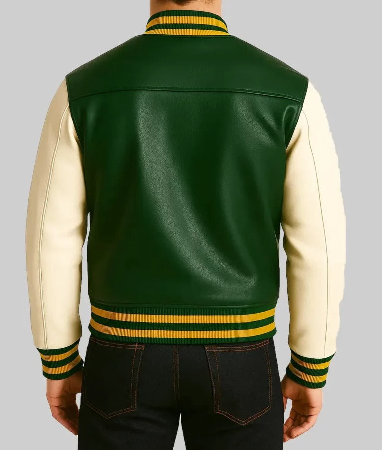 Men’s Green and Off-White Colorblock Leather Bomber Jacket