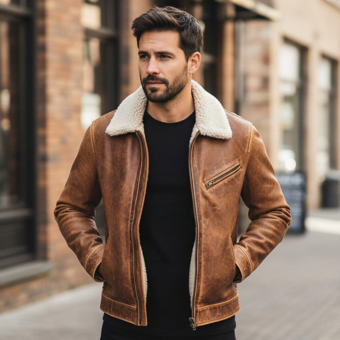 Men’s Stylish Leather Jacket with Fur Collar – Retro Moto Biker Style Premium Leather