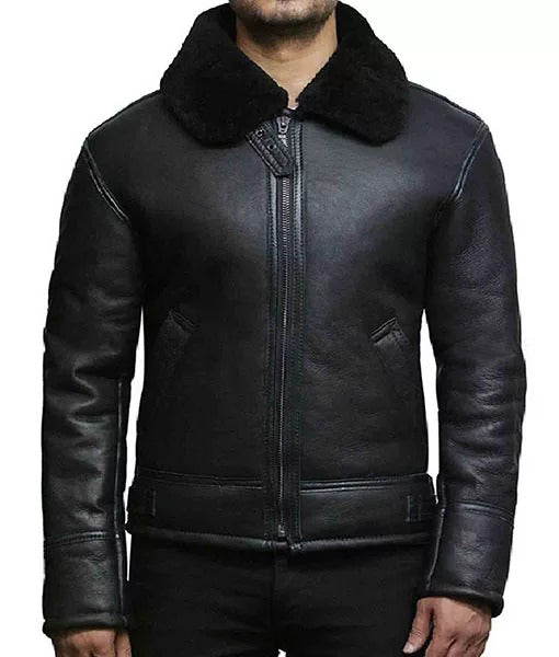 Men’s Bulky Black Shearling Aviator Leather Bomber Jacket