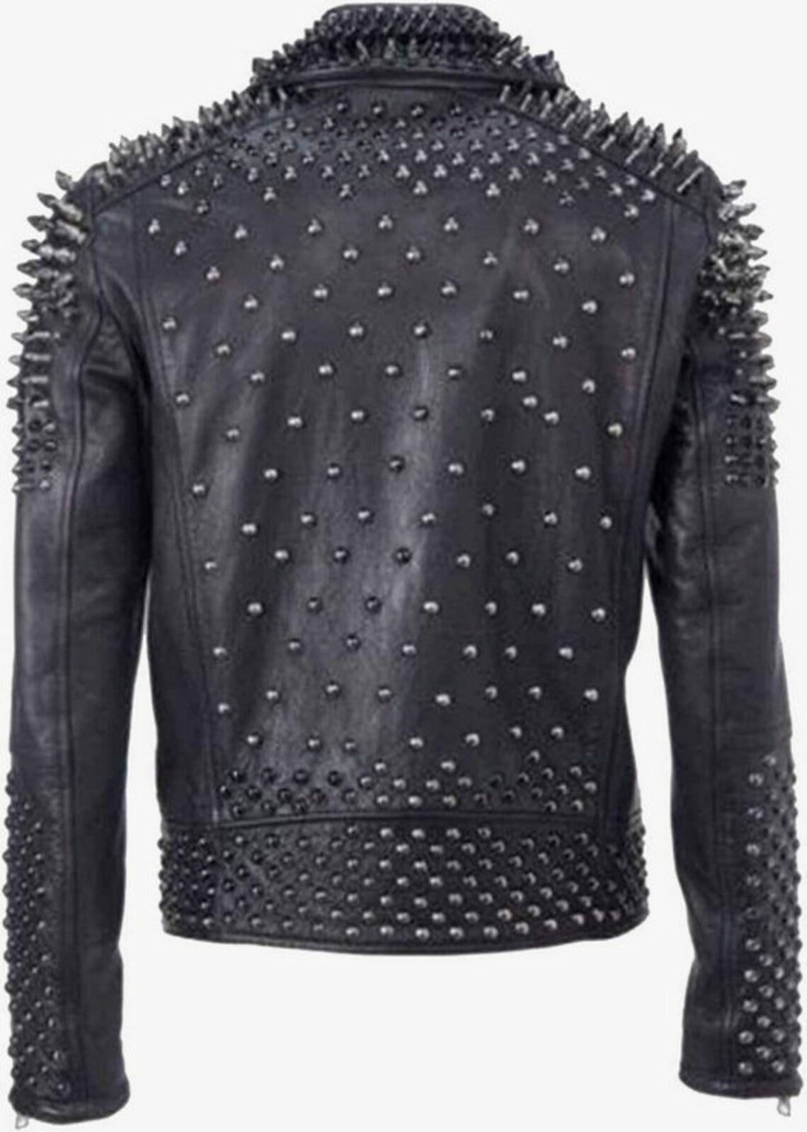 Men's Handmade Black Leather Biker Punk Jacket Back View - Unique Rebel Style