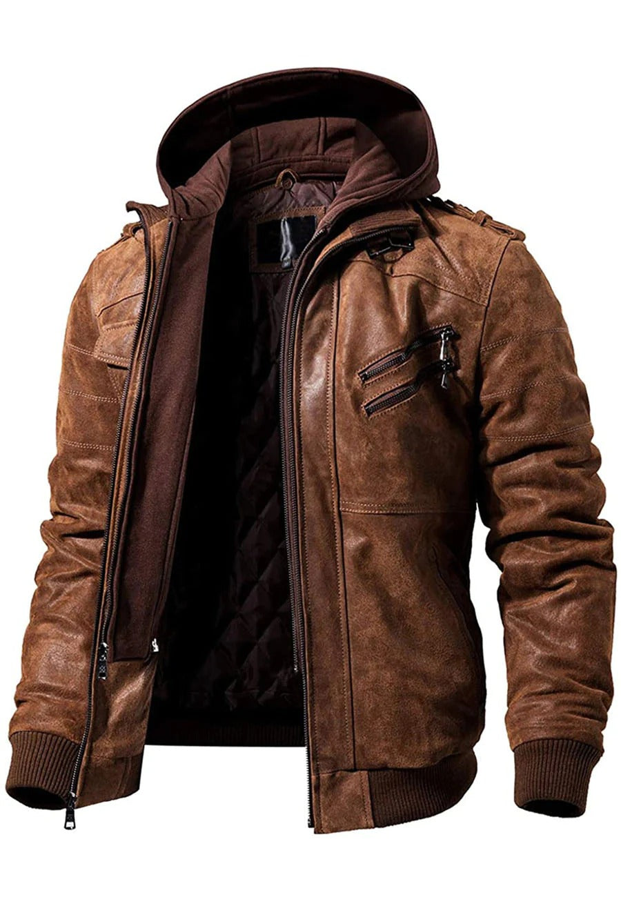 Men's Tan Brown Leather Bomber Jacket with Removable Hood Front View - Versatile Style