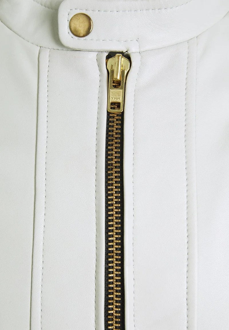 Men's White Leather Biker Jacket Zipper Closeup - Sleek and Stylish