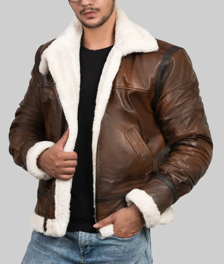 Monroe Men’s Dark Brown Shearling B-3 Bomber Leather Jacket
