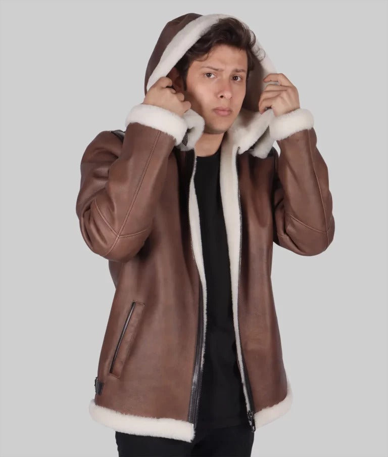 Real Men’s Brown Hooded B-3 Shearling Bomber Leather Jacket