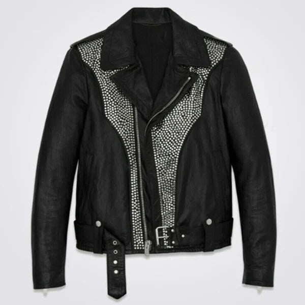 Men’s Black Silver Studded Punk Rock Cowhide Leather Biker Jacket with Belt