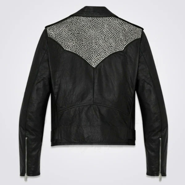 Men’s Black Silver Studded Punk Rock Cowhide Leather Biker Jacket with Belt