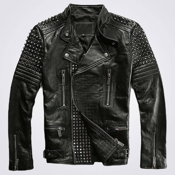 Men’s Black Silver Studded Buttoned Punk Cowhide Biker Leather Jacket