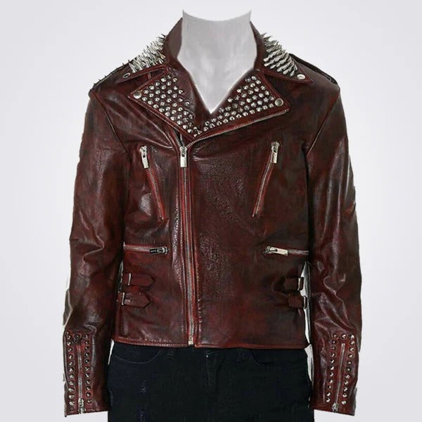 Men’s Full Red Waxed Metallic Spiked Studded Punk Leather Jacket