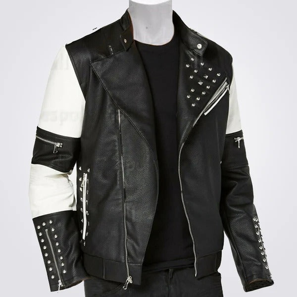 Men’s Two Tone Black & White Genuine Leather Silver Studded Biker Jacket