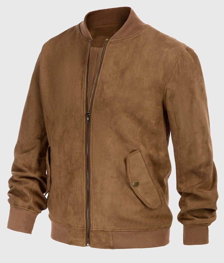 Reginald Men’s Brown Suede Leather Bomber Jacket – Classic Casual Outerwear