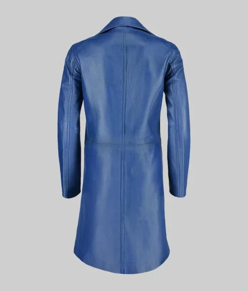 Women’s Minimalist Long Blue Genuine Leather Trench Coat