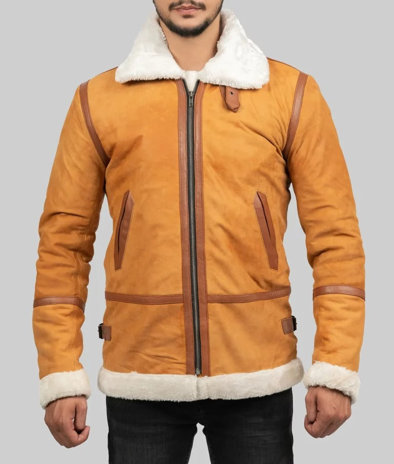 Tom Men’s Mustard Brown Shearling B-3 Bomber Leather Jacket
