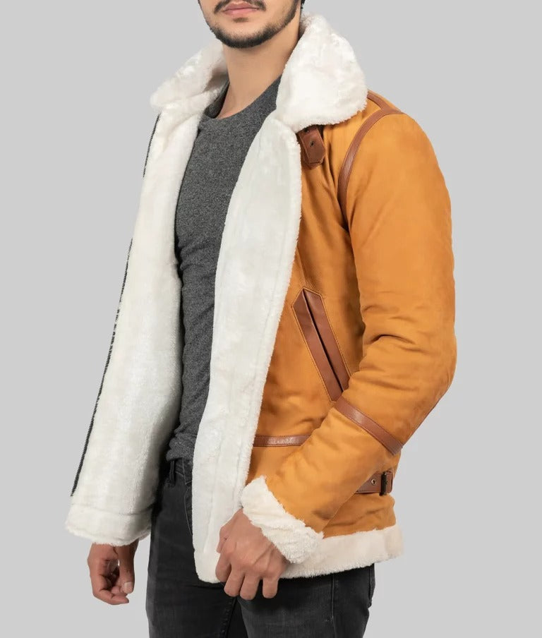Tom Men’s Mustard Brown Shearling B-3 Bomber Leather Jacket