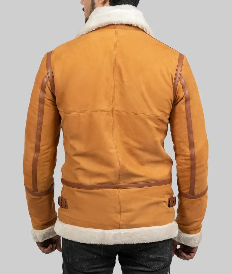 Tom Men’s Mustard Brown Shearling B-3 Bomber Leather Jacket