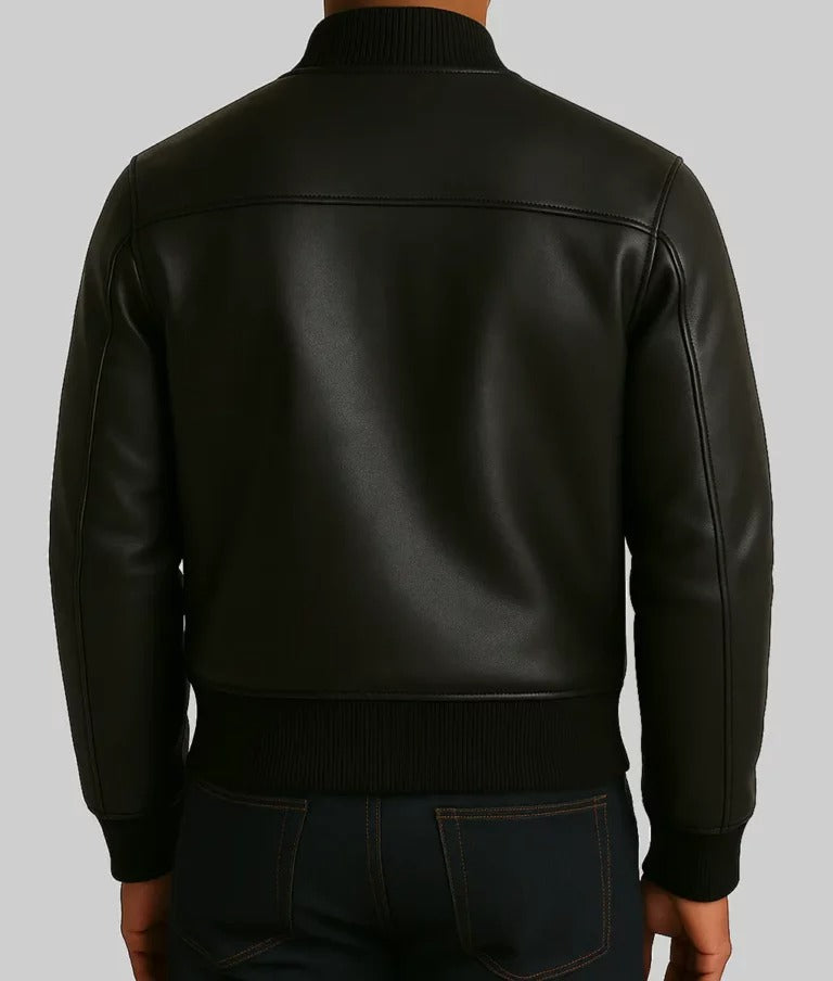 Trendy Men’s Black Real Leather Bomber Jacket