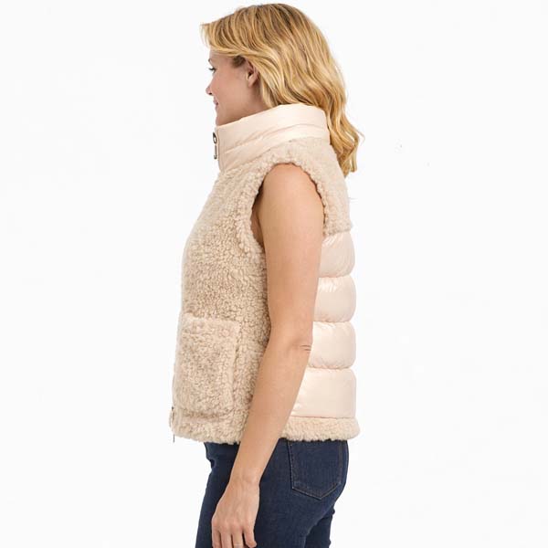 Women's Beige Quilted Teddy Shearling Vest with Cozy Layering Comfort
