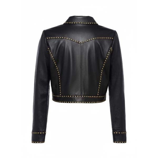 Women's Black Genuine Leather Cropped Trucker Jacket with Studded Detail