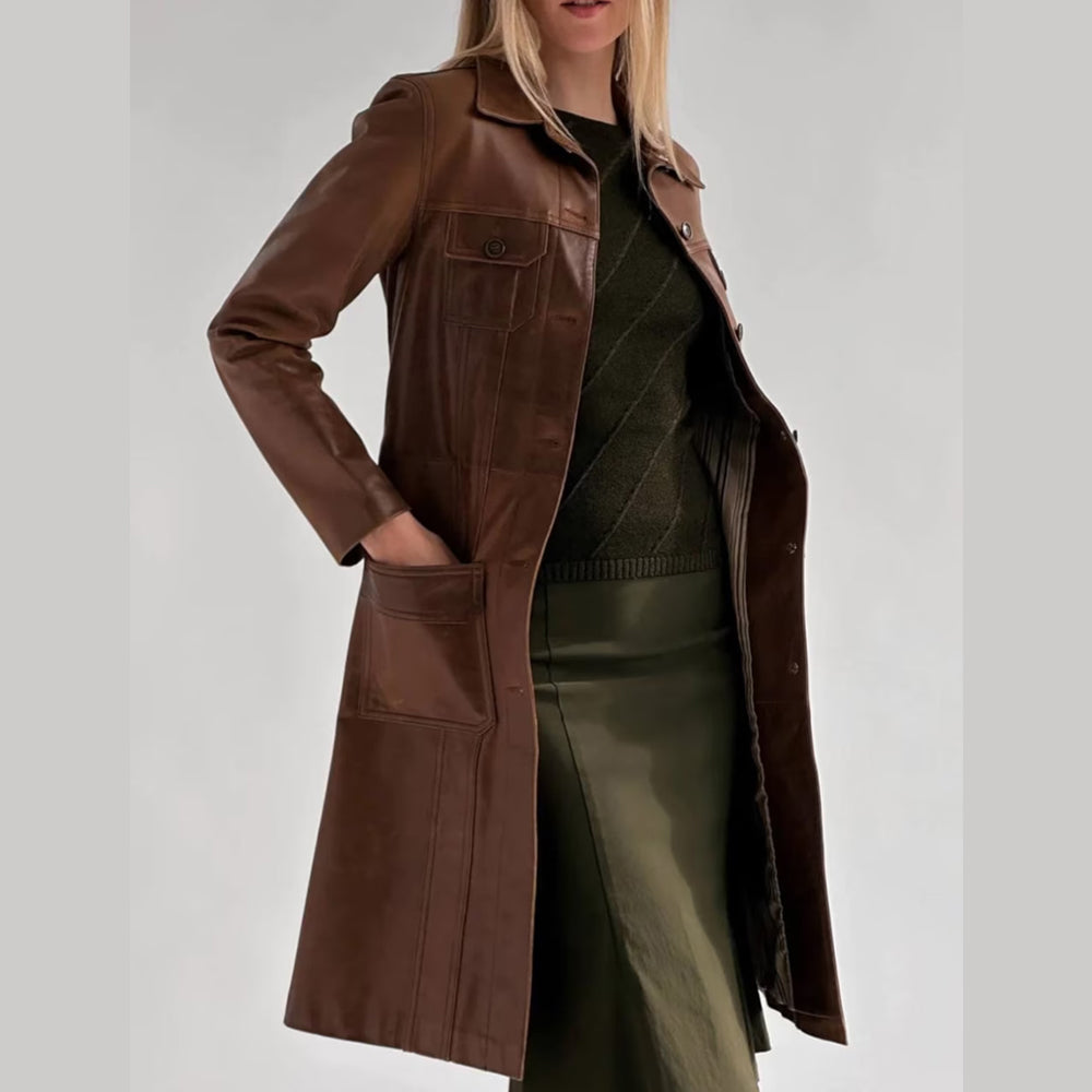 Women's Brown Real Lambskin Leather Long Trench Coat